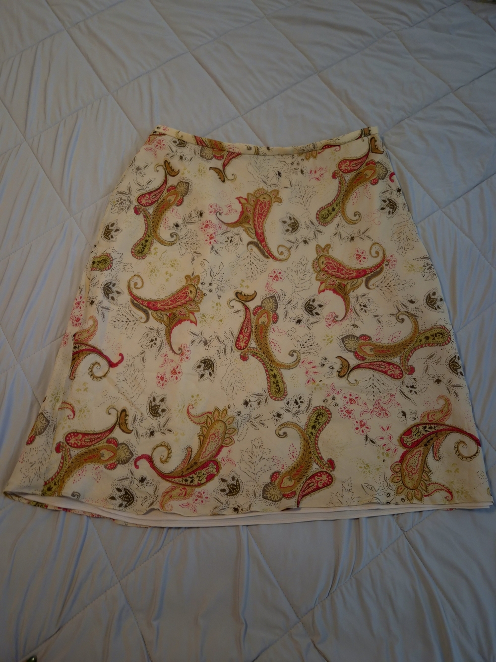 Ann Taylor Bohemian-Chic Cream Paisley A-Line Skirt with Pink and Green Motif